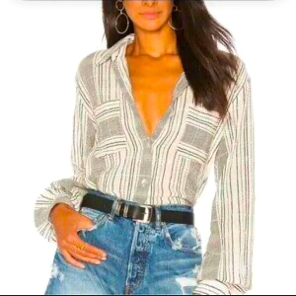 Jen’s pirate booty Gaya Blouse in White Black Stripe cotton fall casual revolve